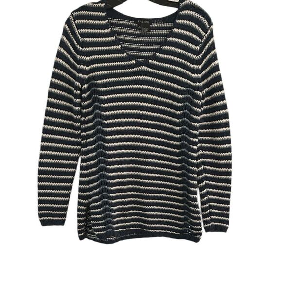 Etcetera 100% Cotton V-Neck Blue White Striped Sweater Size Small - Picture 1 of 10